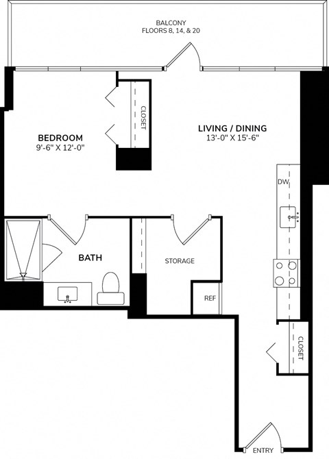 A floor plan of a balcony apartment with a bedroom, living/dining area, bathroom, storage, and a reference area.